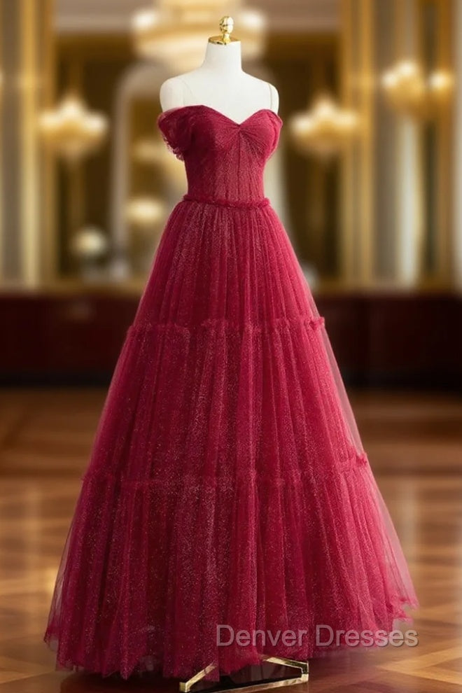 A-Line Burgundy Tulle Pleats Off the Shoulder Prom Dress Main image
