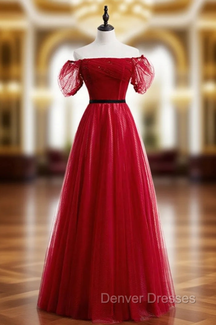 A-Line Burgundy Tulle Puff Sleeve Off the Shoulder Prom Dress