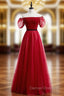 A-Line Burgundy Tulle Puff Sleeve Off the Shoulder Prom Dress