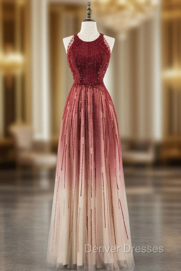 A-Line Burgundy Tulle Scoop Sleeveless Beading Sequins Prom Dress Main image