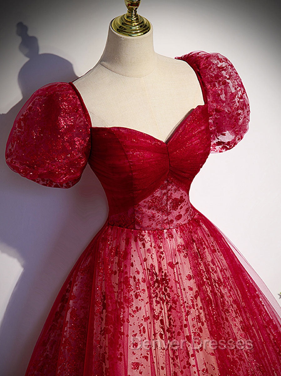 A Line Burgundy Tulle Sequin Long Prom Dress, Burgundy Formal Dress Secondary image