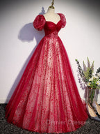 A Line Burgundy Tulle Sequin Long Prom Dress, Burgundy Formal Dress