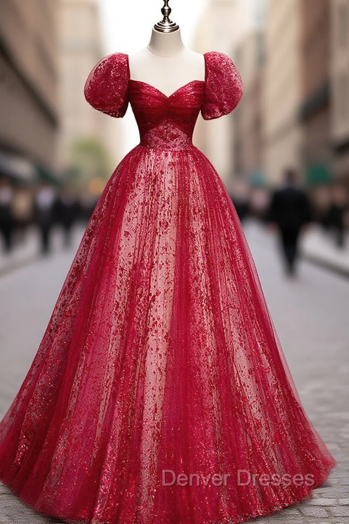 A Line Burgundy Tulle Sequin Long Prom Dress, Burgundy Formal Dress Main image