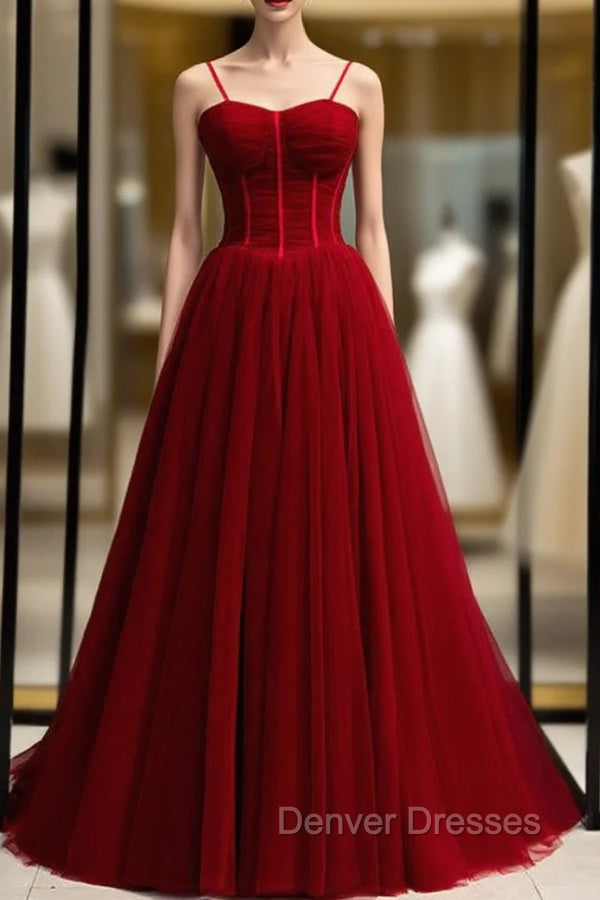 A-Line Burgundy Tulle Spaghetti Straps Pleats Prom Dress Main image