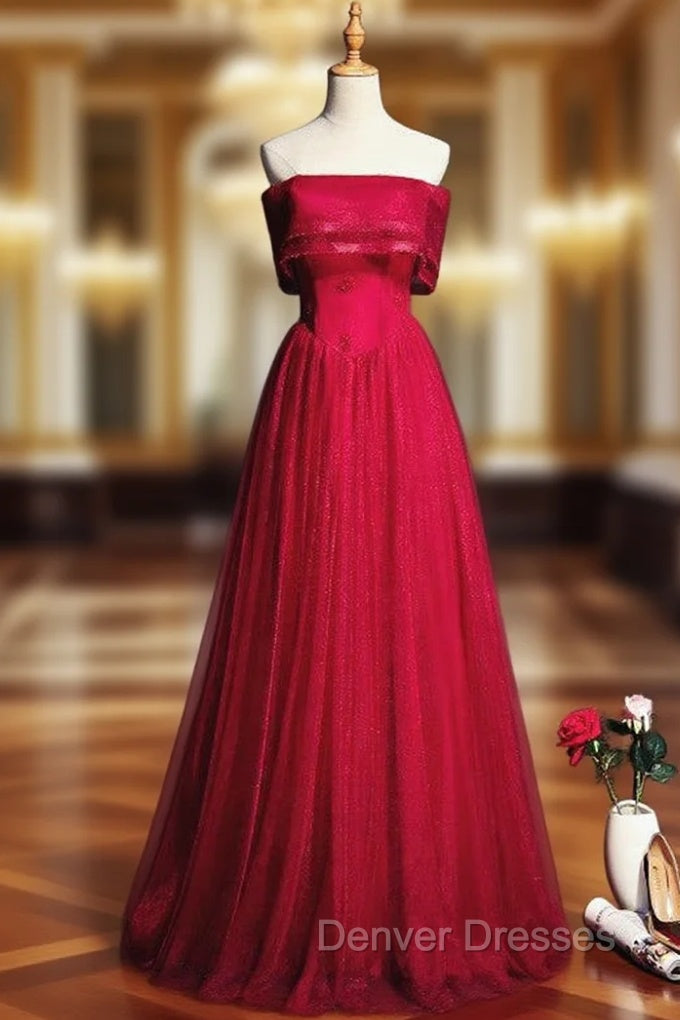 A-Line Burgundy Tulle Strapless Beading Prom Dress Main image