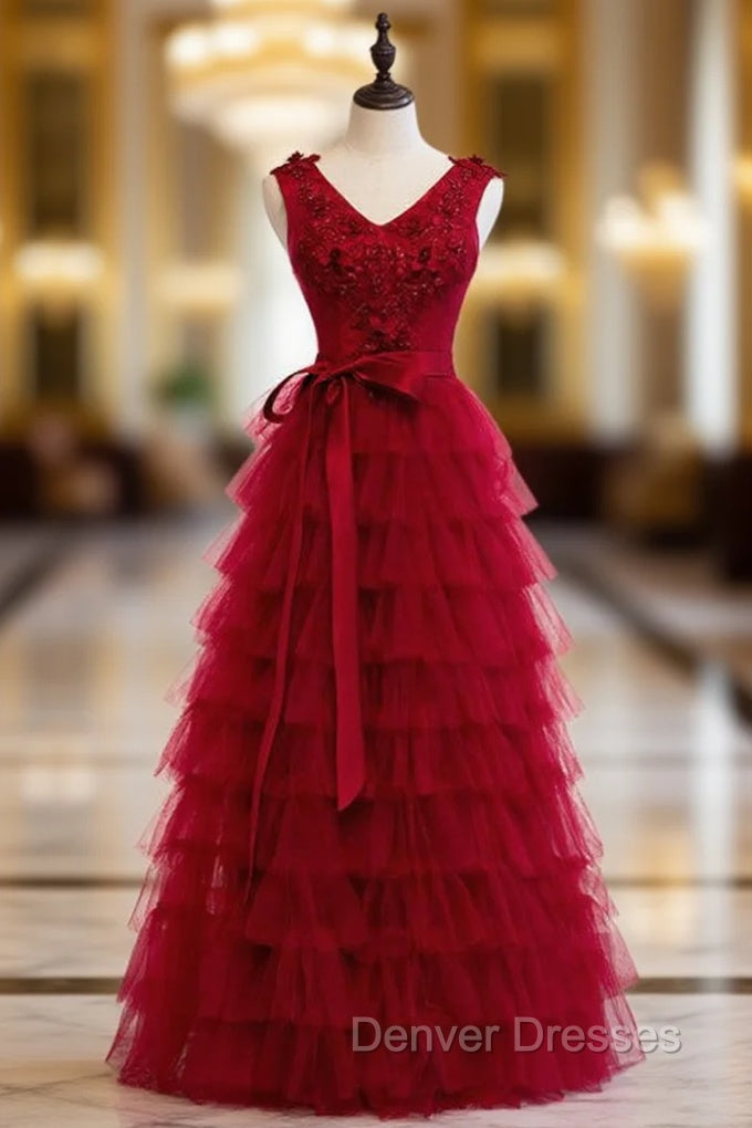 A-Line Burgundy Tulle Tiers Appliques Beading Prom Dress Main image