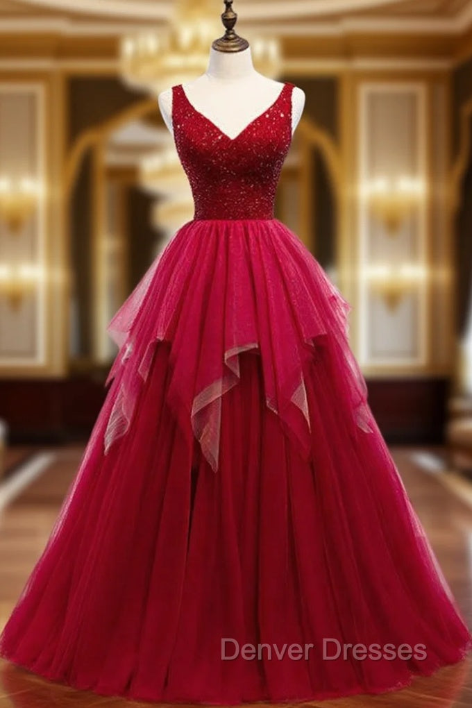 A-Line Burgundy Tulle V-neck Backless Beading Prom Dress Main image