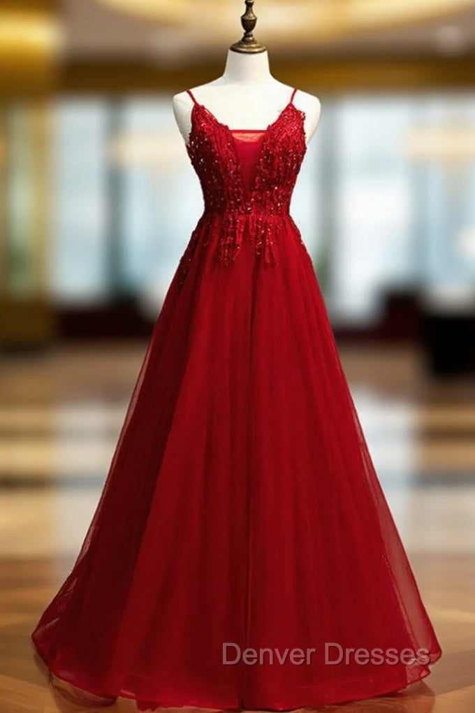 A-Line Burgundy Tulle V-neck Embrodiery Prom Dress Main image