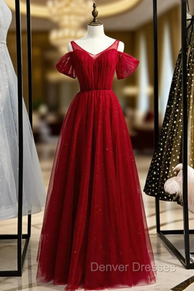 A-Line Burgundy Tulle V-neck Long Prom Dress Main image