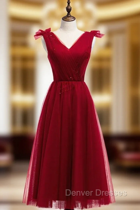 A-line Burgundy Tulle V-neck Pleats Beading Tea Length Prom Dress Main image