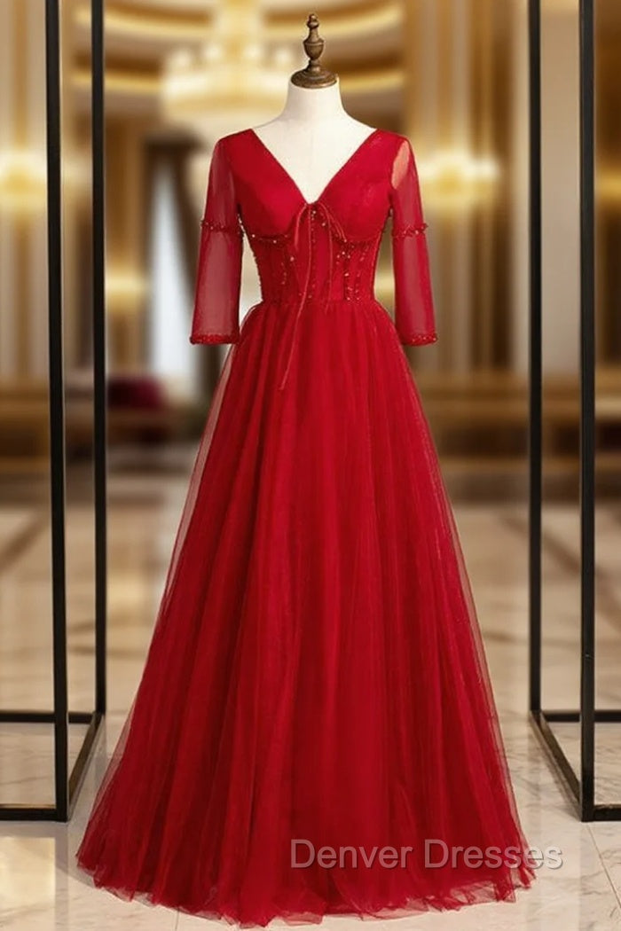 A-Line Burgundy Tulle V-neck Short Sleeve Beading Prom Dress