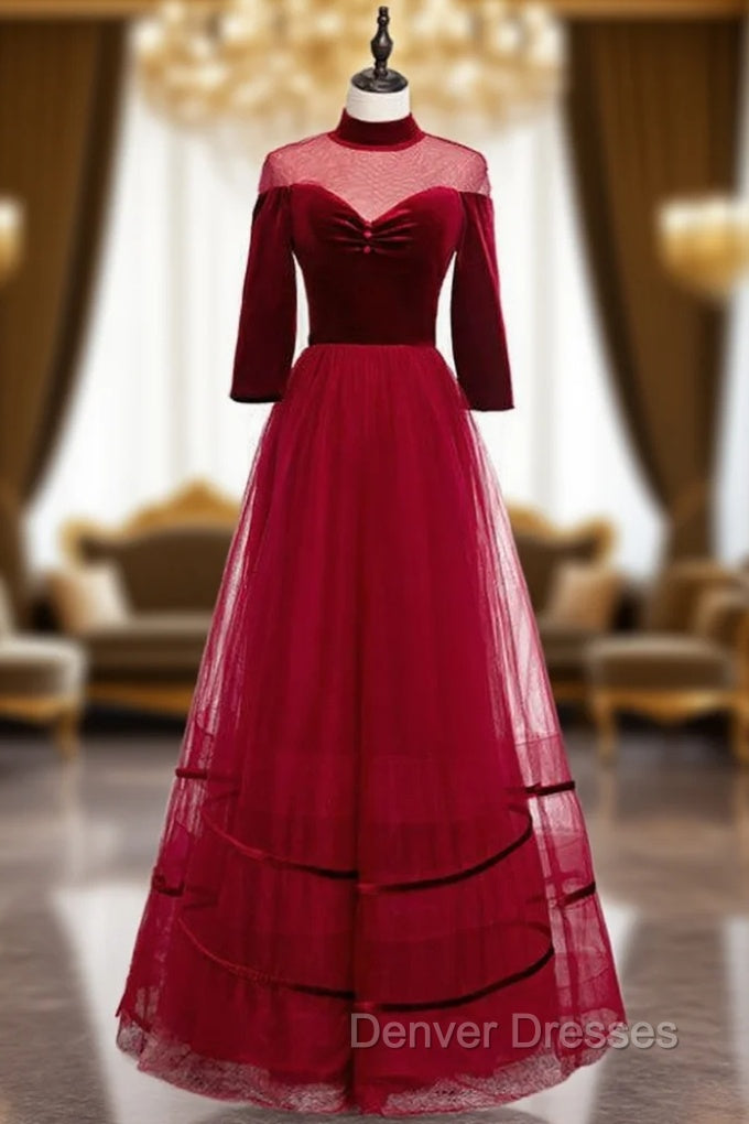 A-Line Burgundy Tulle Velvet High Neck Long Sleeve Prom Dress