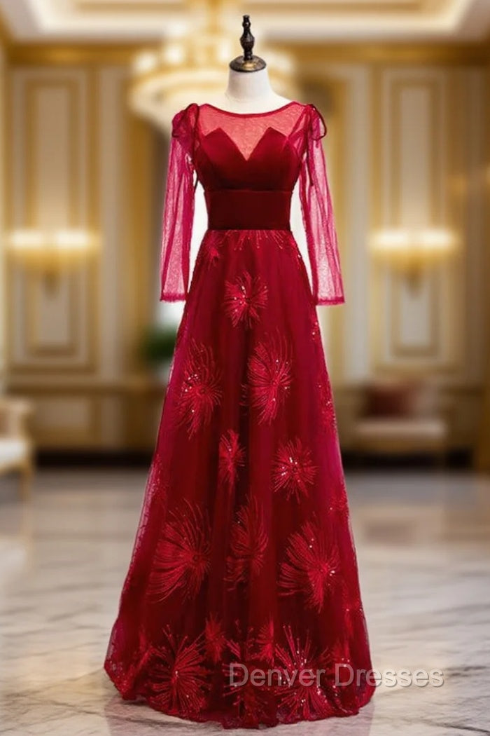 A-Line Burgundy Tulle Velvet Long Sleeve Prom Dress