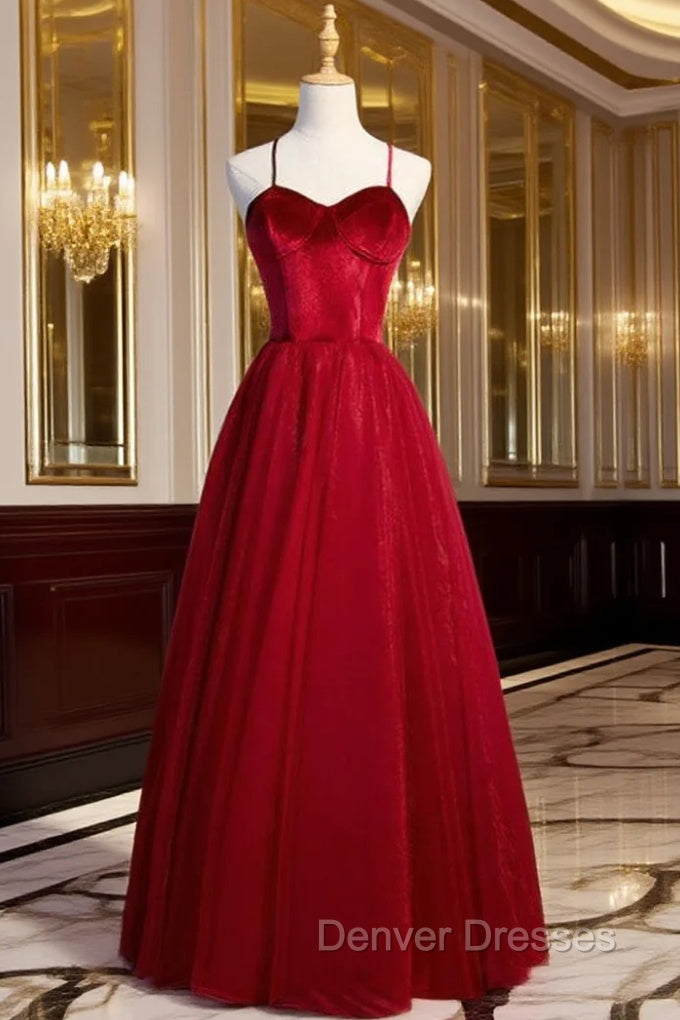 A-Line Burgundy Tulle Velvet Spaghetti Straps Prom Dress Main image
