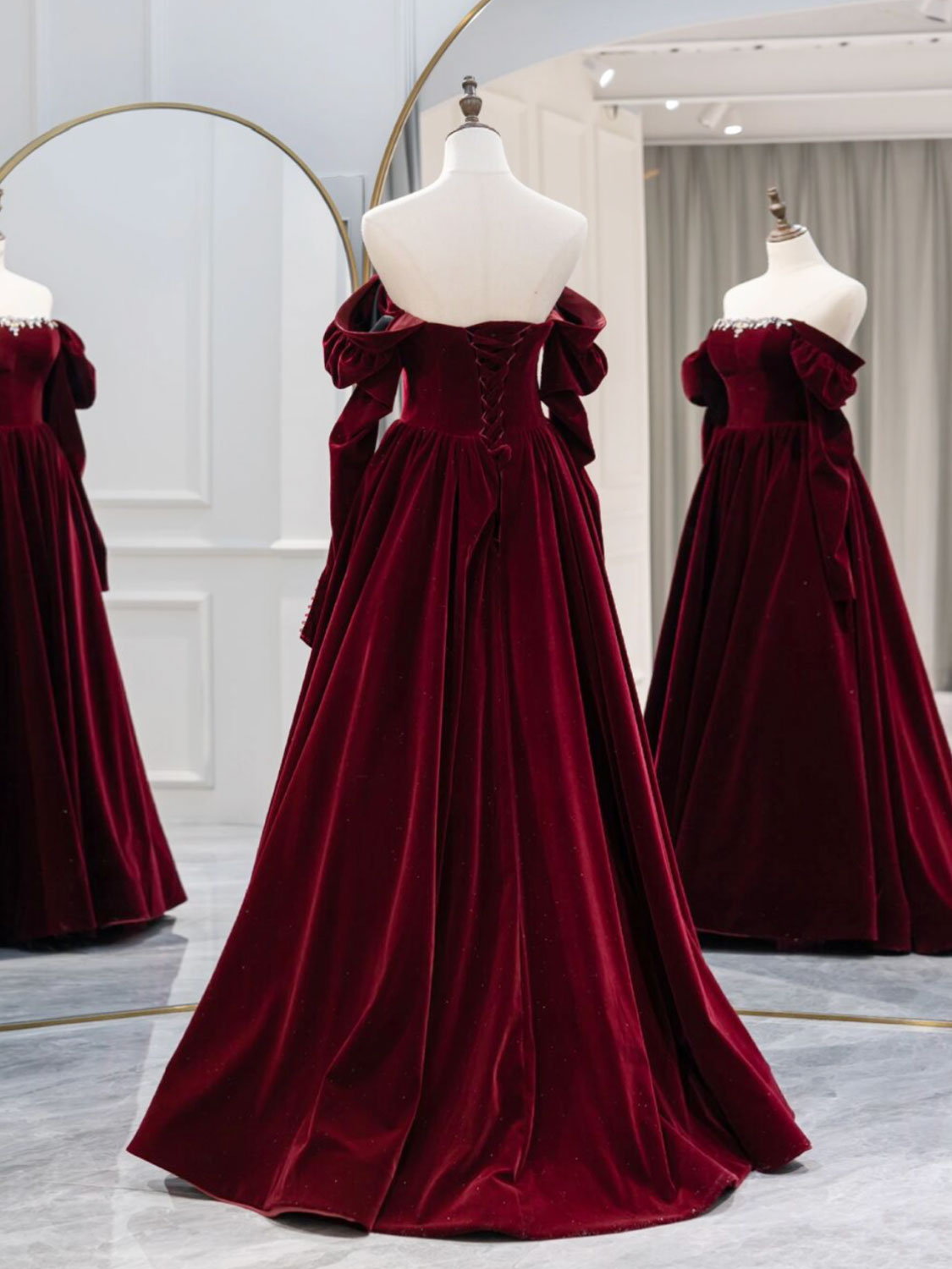 A-Line Burgundy Velvet Long Prom Dress, Burgundy Evening Dress Secondary image