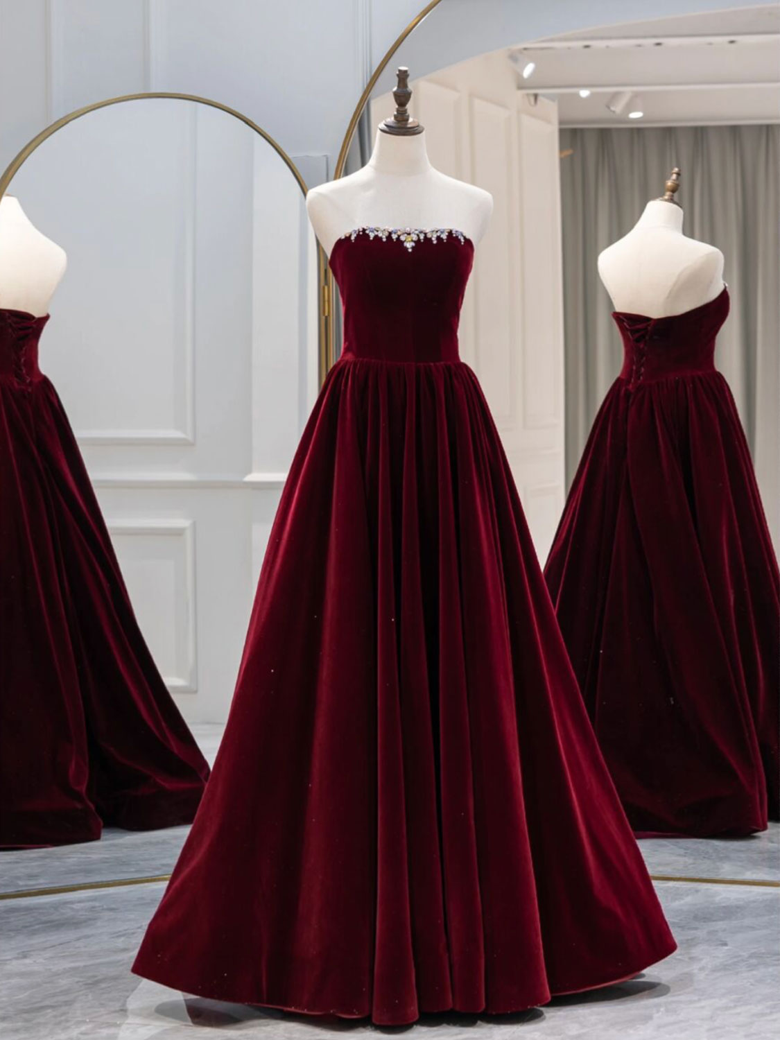 A-Line Burgundy Velvet Long Prom Dress, Burgundy Evening Dress