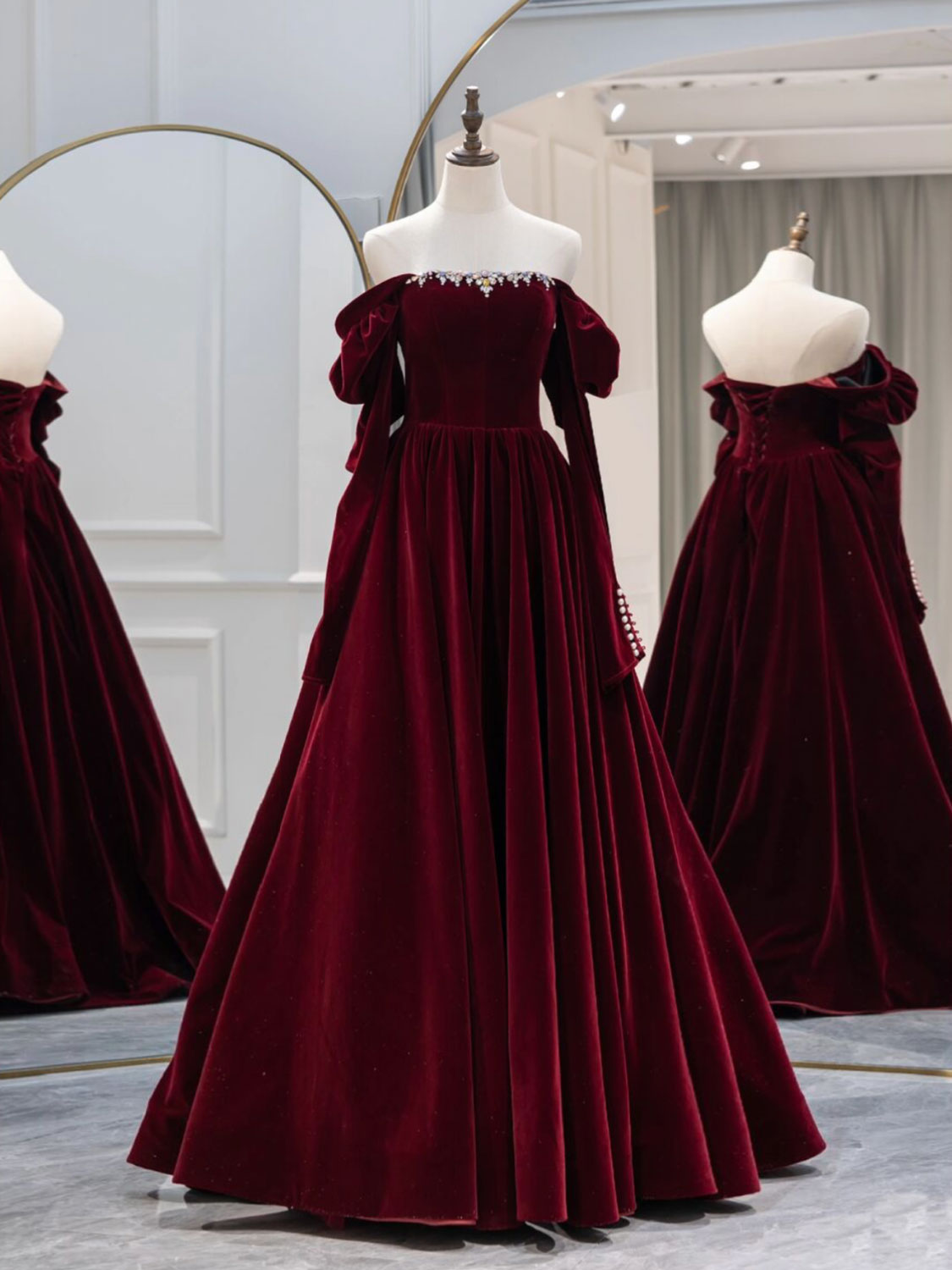 A-Line Burgundy Velvet Long Prom Dress, Burgundy Evening Dress Main image