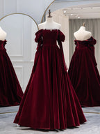 A-Line Burgundy Velvet Long Prom Dress, Burgundy Evening Dress