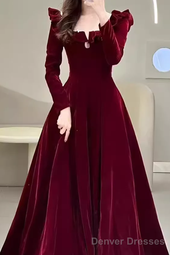 A line Burgundy Velvet Long Prom Dress Party Dresses Main image