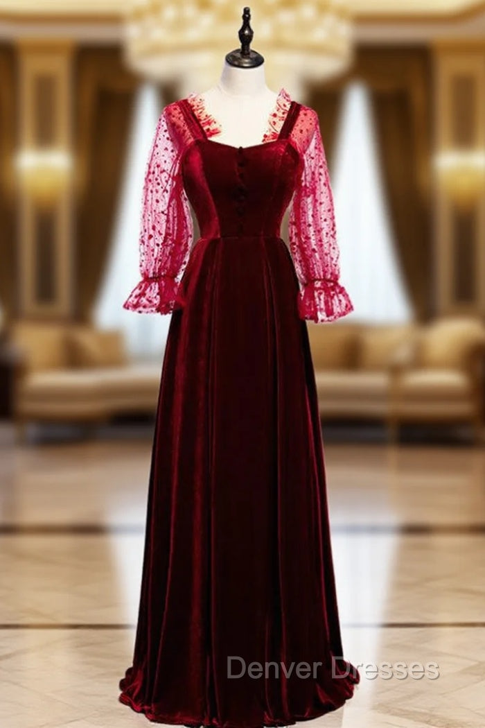A-Line Burgundy Velvet Long Sleeve Backless Prom Dress