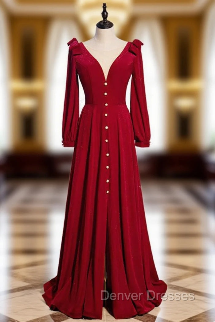 A-Line Burgundy Velvet Long Sleeve Prom Dress With Split Main image