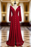 A-Line Burgundy Velvet Long Sleeve Prom Dress With Split