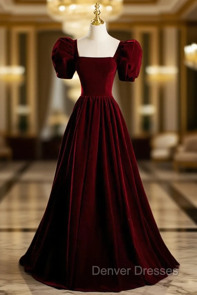 A-Line Burgundy Velvet Puff Sleeve Prom Dress Main image