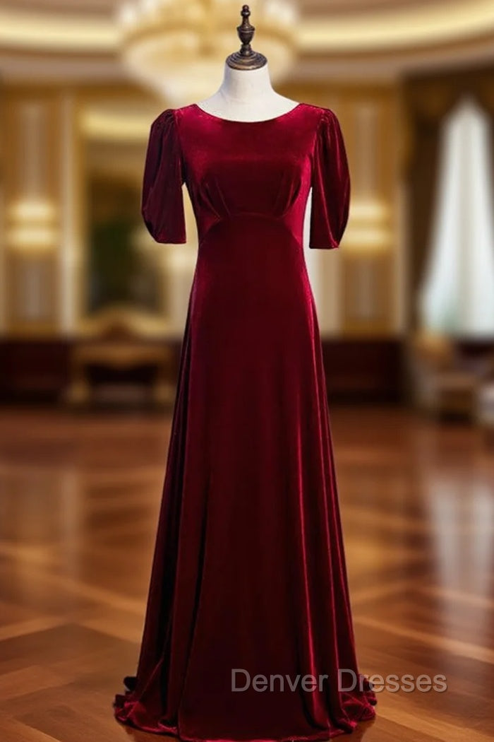 A-Line Burgundy Velvet Short Sleeve Pleats Prom Dress Main image