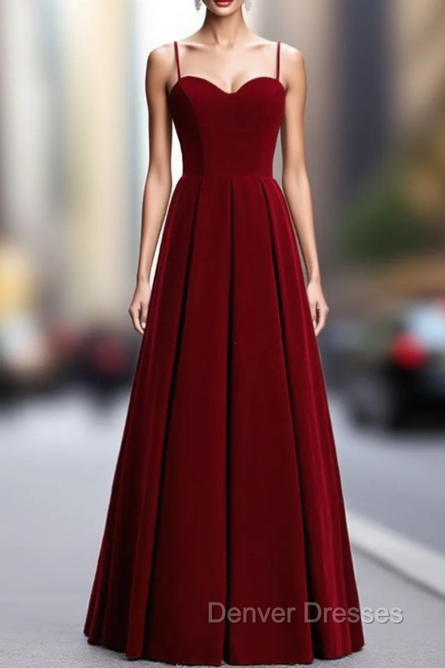 A-Line Burgundy Velvet Spagehtti Straps Pleats Prom Dress Main image