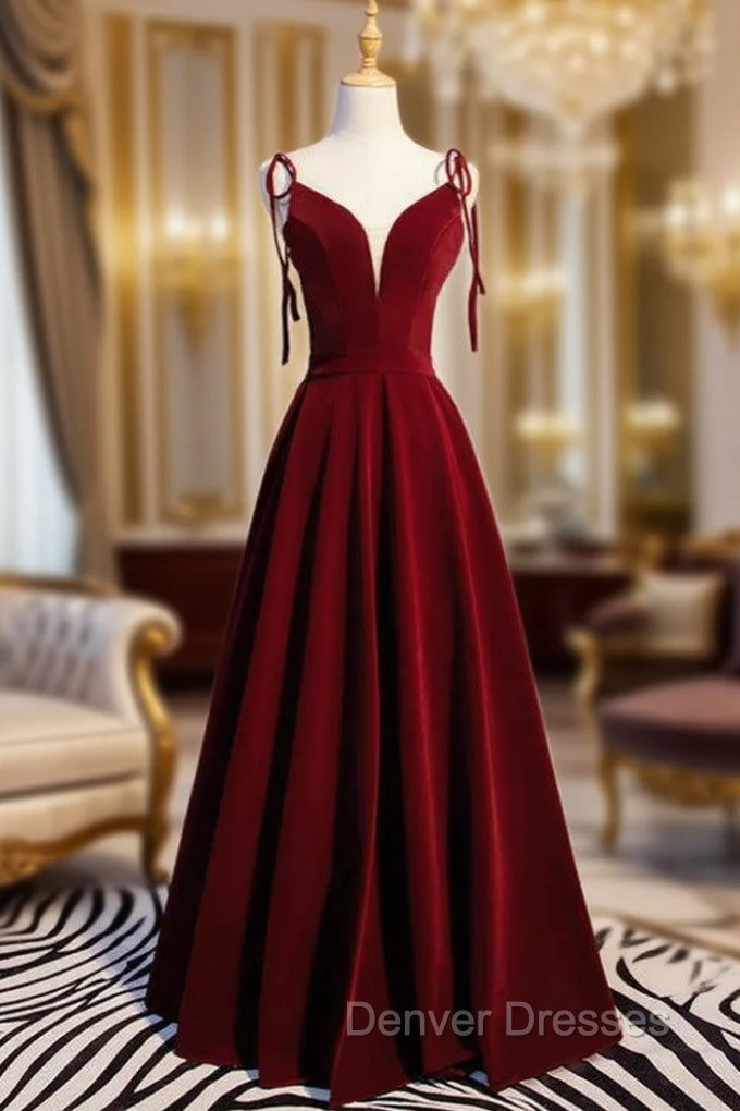A-Line Burgundy Velvet Spaghetti Straps Prom Dress Main image