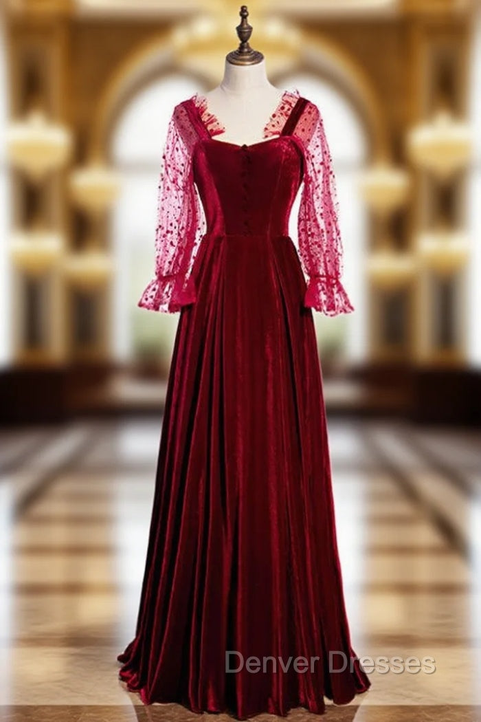 A-Line Burgundy Velvet Square Long Sleeve Wave Point Prom Dress Main image