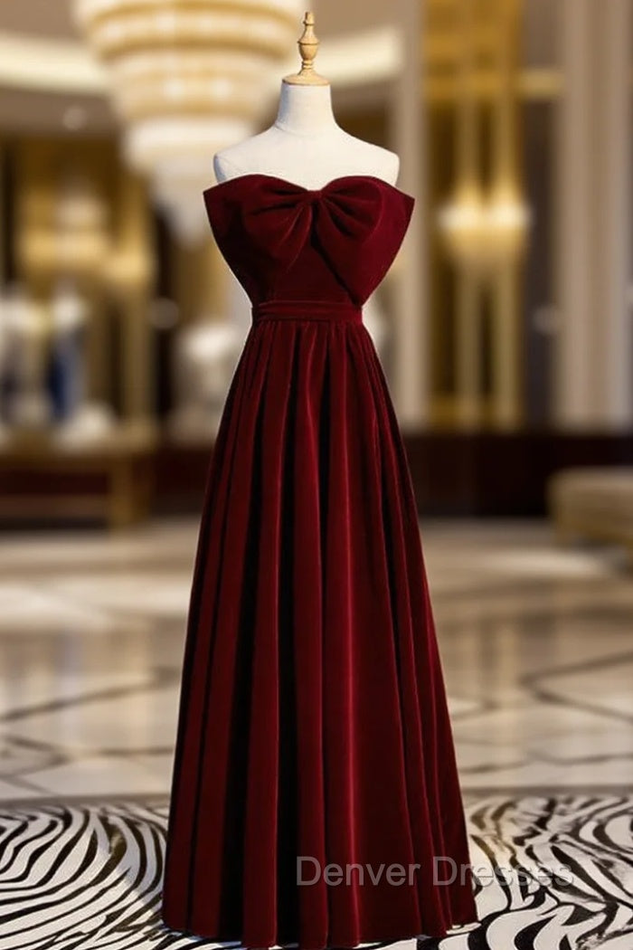 A-Line Burgundy Velvet Strapless Long Prom Dress With Bow