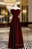 A-Line Burgundy Velvet Strapless Long Prom Dress With Bow