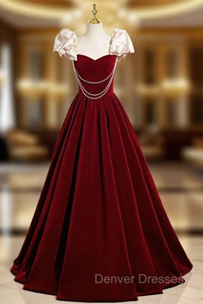 A-Line Burgundy Velvet Straps Pearls Prom Dress Main image