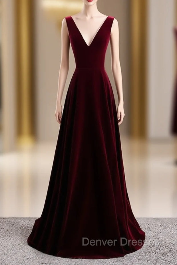 A-Line Burgundy Velvet V-neck Backless Prom Dress Main image