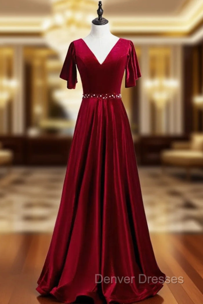 A-Line Burgundy Velvet V-neck Beading Sequins Prom Dress Main image