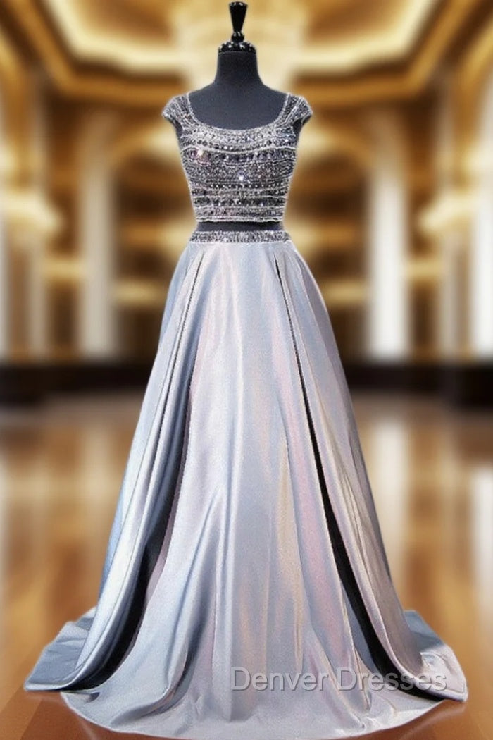 A-line Cap Sleeve Beaded Crystals Grey Backless Two Piece Prom Dress Main image