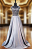 A-line Cap Sleeve Beaded Crystals Grey Backless Two Piece Prom Dress