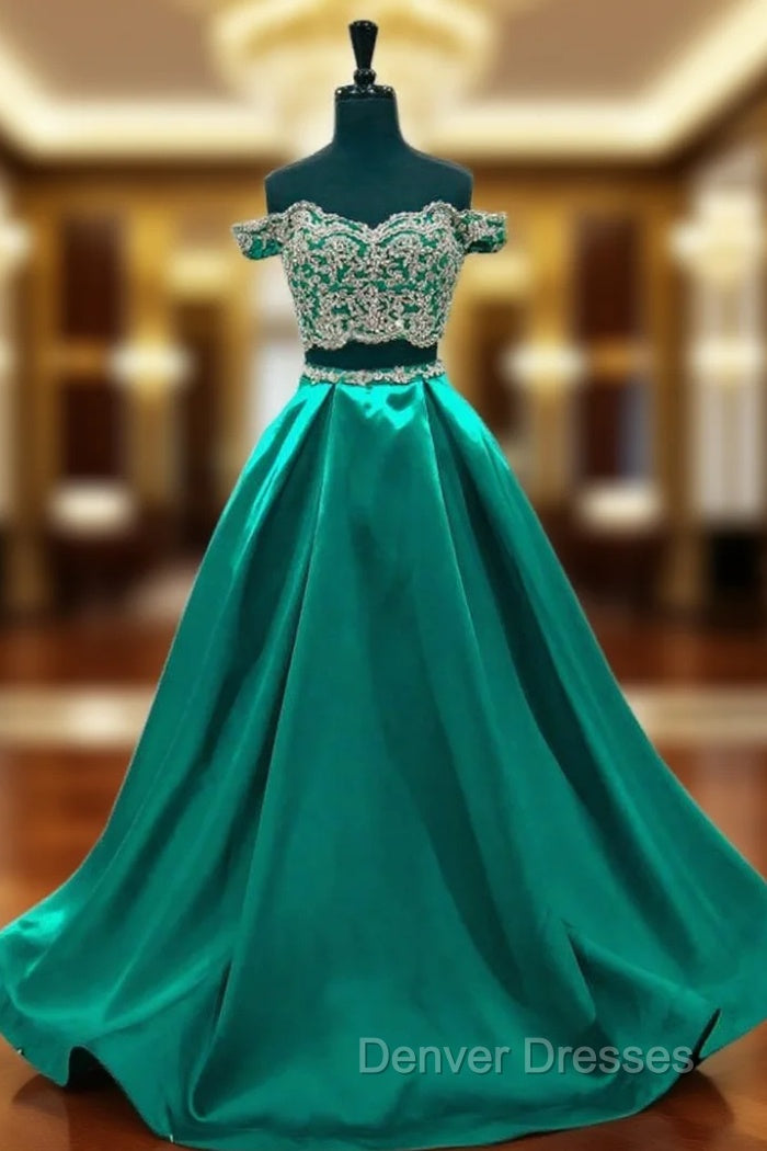 A-line Cap Sleeve Beaded Lace Green Two Piece Prom Dress Main image