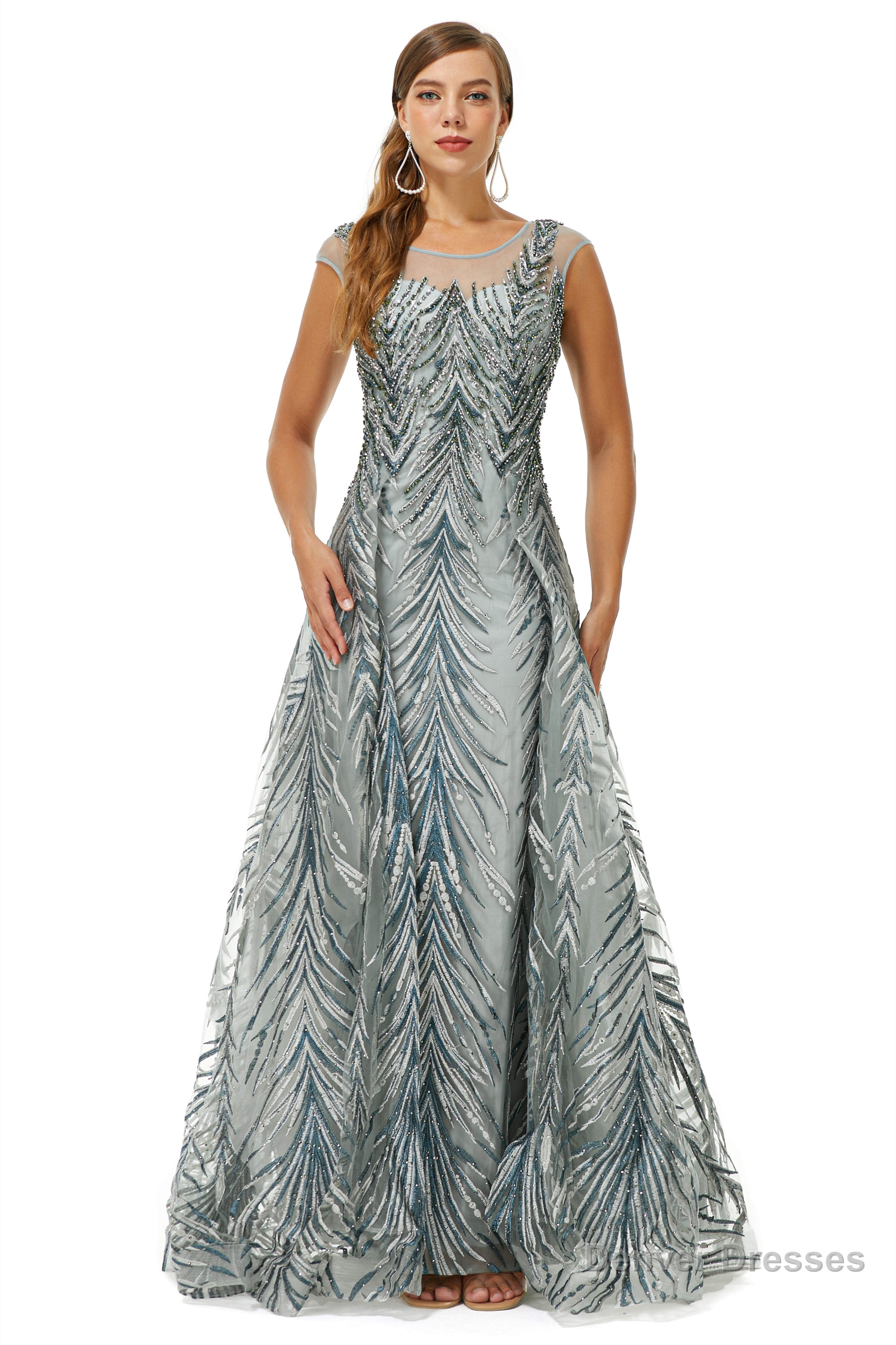 A-line Cap Sleeve Jewel Appliques Lace Floor-length Prom Dresses Main image