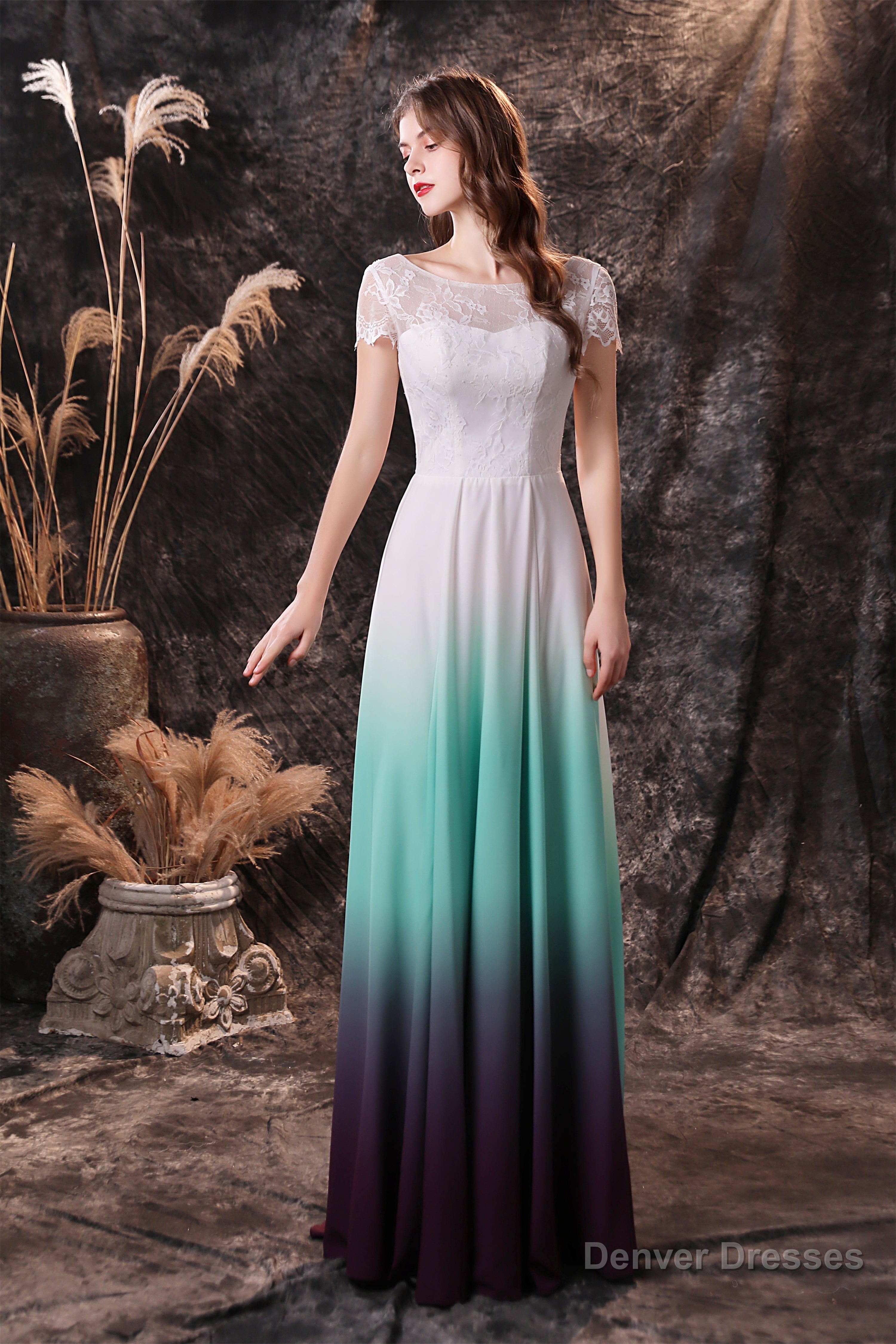 A Line Cap Sleeve Ombre Silk Floor Length Prom Dresses