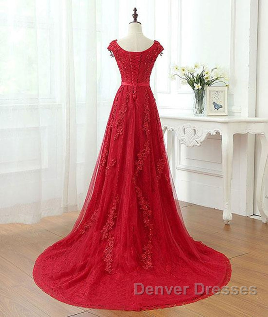 A Line Cap Sleeves Burgundy Lace Long Prom Dress with Appliques, Burgundy Formal Dress, Burgundy Evening Dress Secondary image