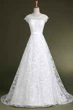 A-Line Cap Sleeves Sweep Train Lace Wedding Dress With Sash