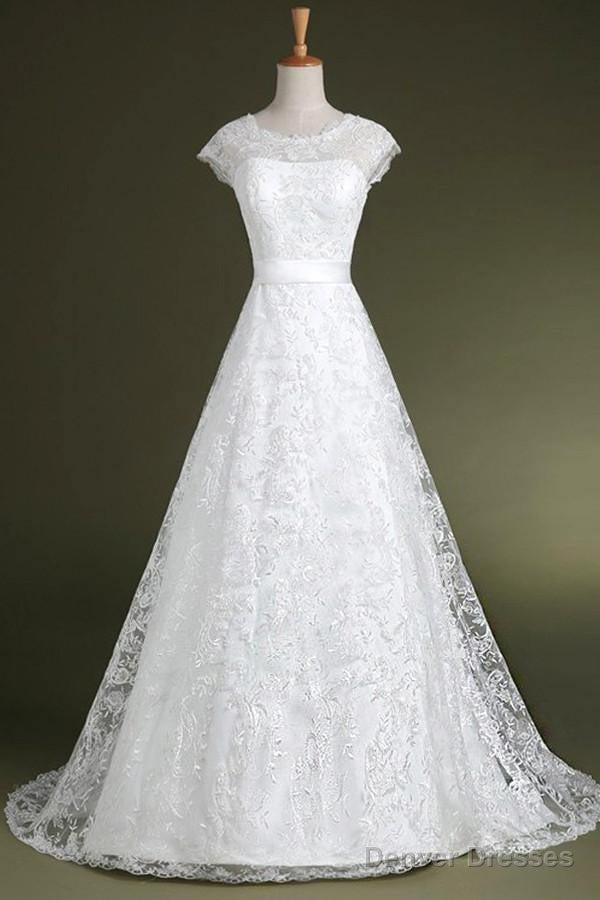 A-Line Cap Sleeves Sweep Train Lace Wedding Dress With Sash Main image