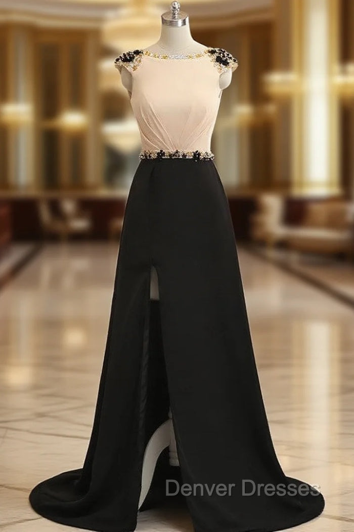 A-Line Champagne Black Cap Sleeve Backless Long Prom Dress
