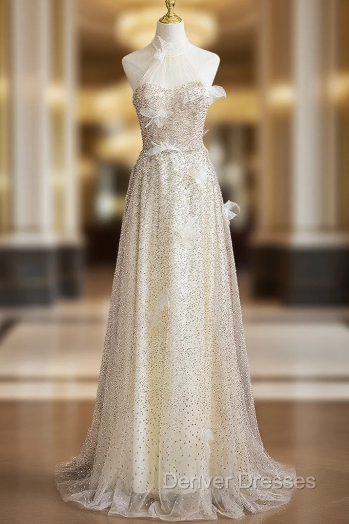 A-line Champagne Halter Sequins Prom Dress Main image