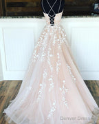 A Line Champagne Lace Wedding Dresses, Champagne Lace Prom Formal Evening Dresses With Corset Back