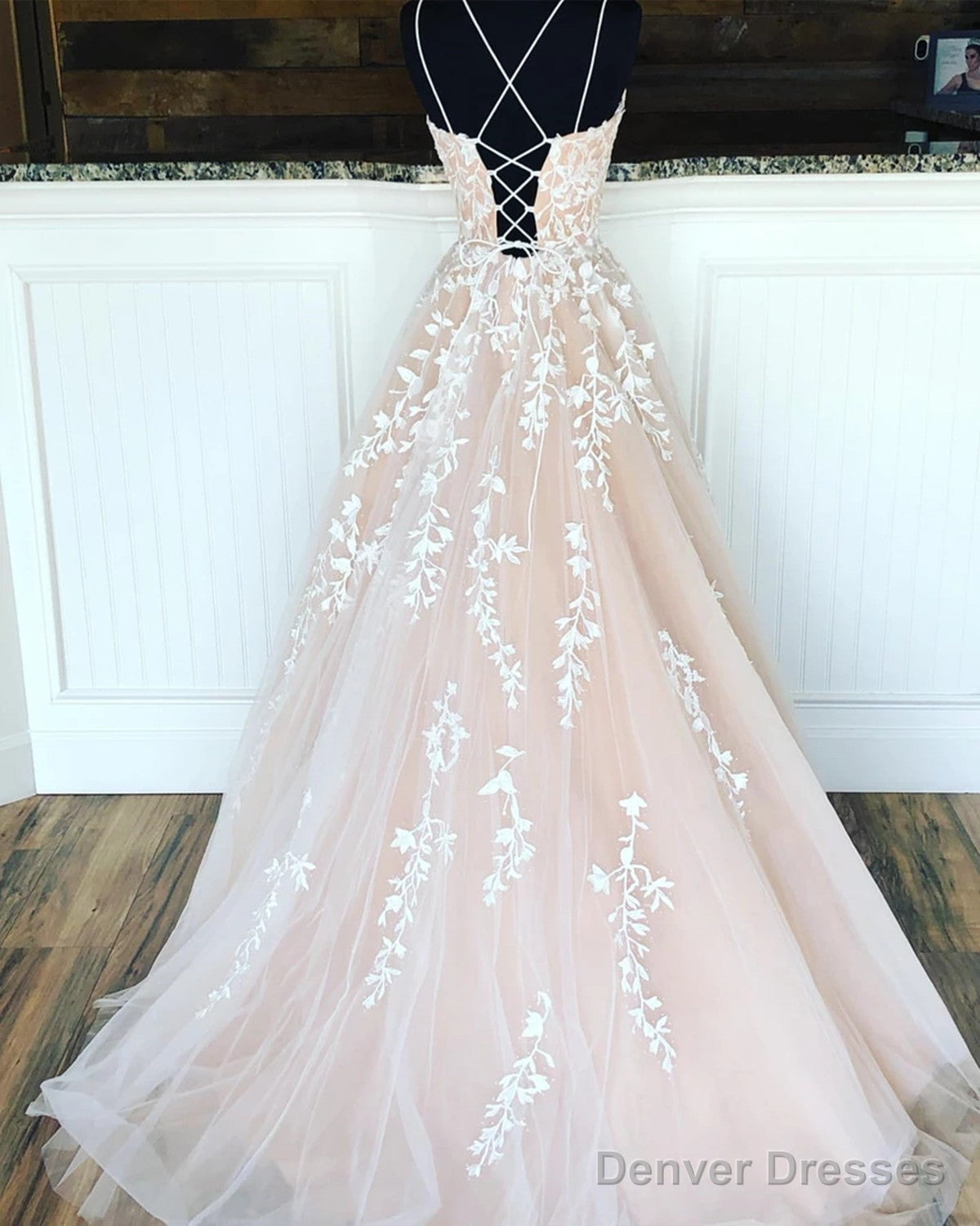 A Line Champagne Lace Wedding Dresses, Champagne Lace Prom Formal Evening Dresses With Corset Back Secondary image