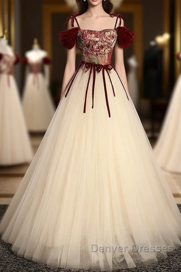 A line  champagne long prom Dress, champagne tulle formal evening Dress Main image