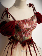 A line  champagne long prom Dress, champagne tulle formal evening Dress